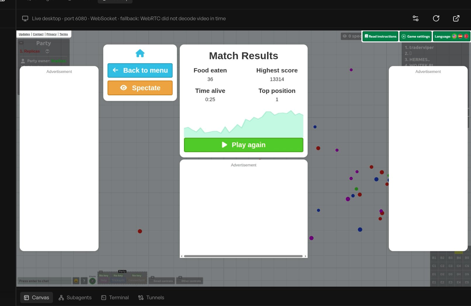 Agar.io results showing an agent reached top position 1 inside Replicas